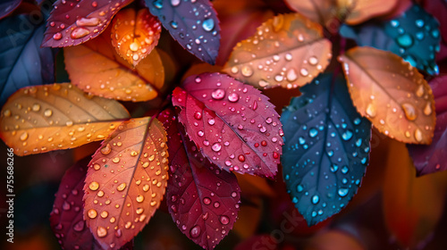 Colorful leaves adorned with natures tears
