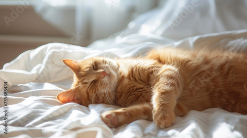 ginger cat lies on a white sheet, sleeps on the bed, daylight sunlight, basks in the sun