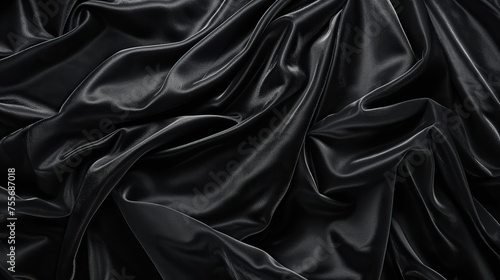 Closeup of rippled black silk fabric.