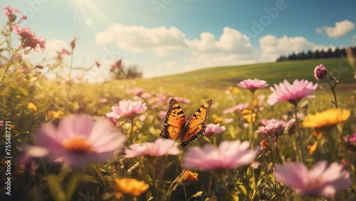 A spring wonderland, where colorful butterflies flutter around a field of wildflowers, and a warm sun shines down on a picturesque countryside, all captured in a charming and painterly style. 