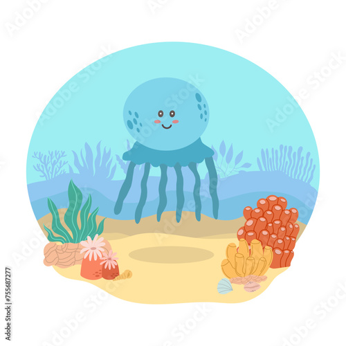 Blue jellyfish  sea animal against the backdrop of a sea or ocean landscape. Vector illustration