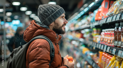 Close up rearview photography of a man in a supermarket or grocery store looking at the shelf full of products, comparing prices and choosing what to buy, male customer behavior in a grocery shopping photo