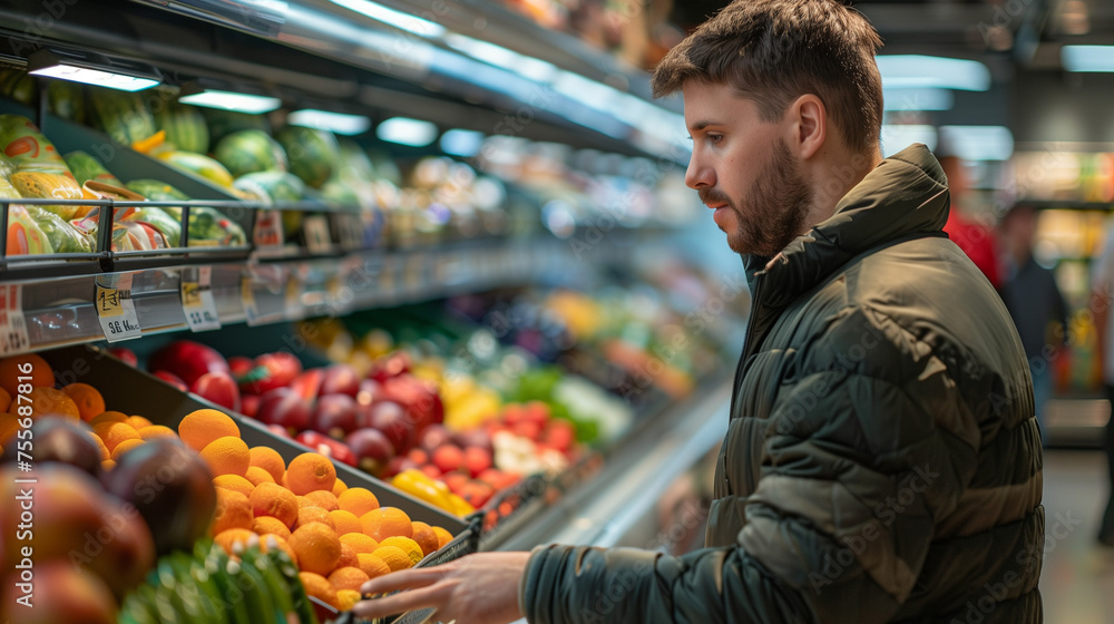 Close up rearview photography of a man in a supermarket or grocery store looking at the shelf full of products, comparing prices and choosing what to buy, male customer behavior in a grocery shopping