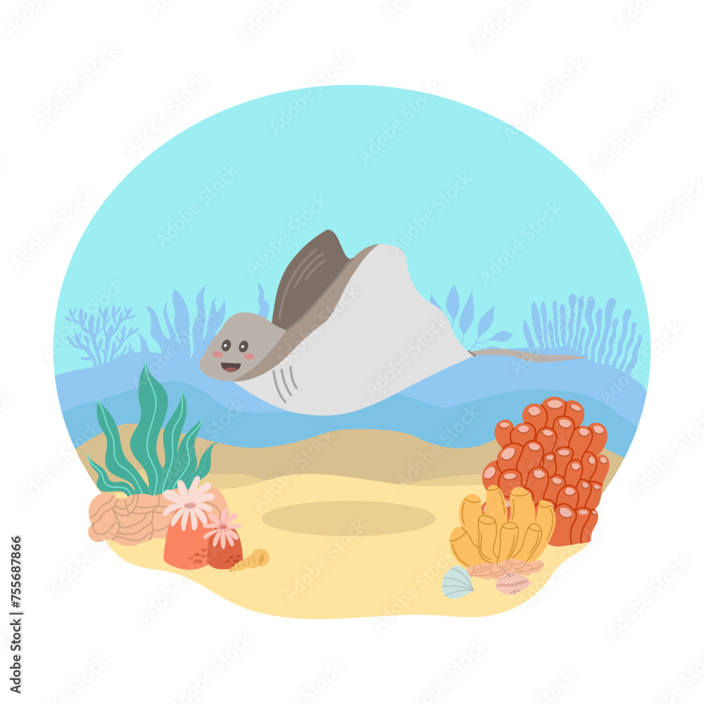 Sea stingray against the backdrop of a sea or ocean landscape. Vector illustration