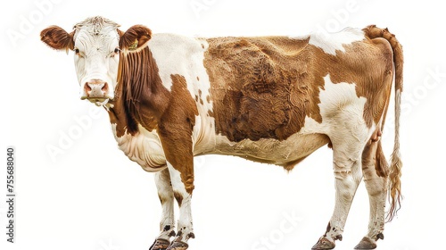 A full view of a cow, seen from a side view. A cow with a combination of brown and white body color. The cow is isolated in the white background. Created with Generative AI.