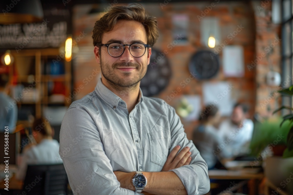 Fototapeta premium Image capturing a welcoming office environment with a poised man, arms crossed, among congenial colleagues in a relaxed setting. Generated AI