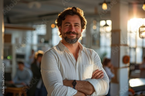 Harmonious work atmosphere. Snapshot of a cheerful man, standing with arms crossed, with friendly coworkers in a serene, inviting office backdrop. Generated AI