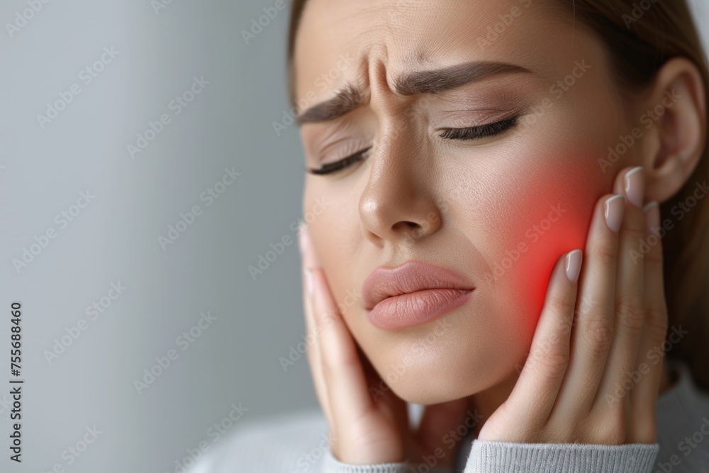 A woman holds her cheek while suffering from a toothache, depicting the discomfort and pain experienced during dental issues, emphasizing the need for oral health care and treatment A woman holds her cheek while suffering from a toothache, depicting the discomfort and pain experienced during dental issues, emphasizing the need for oral health care and treatment