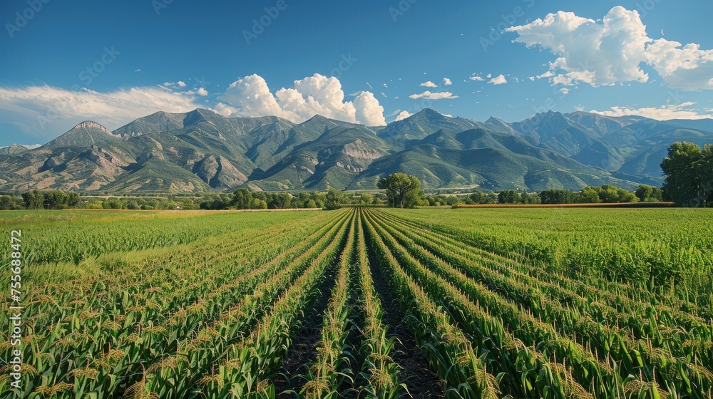 A Field of crops with majestic mountains in the background