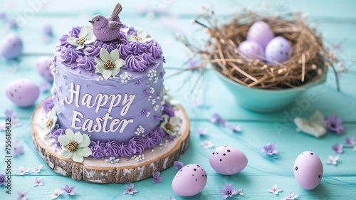 "Happy Easter" in lavender on a pale blue background, with Easter eggs in shades of purple and a robin's nest cake