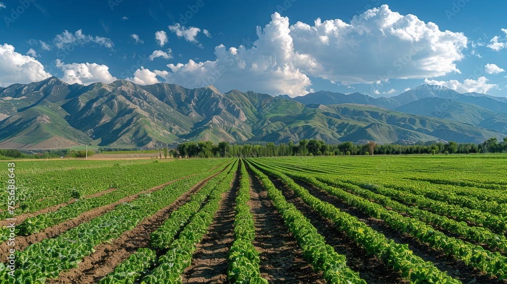 A Field of crops with majestic mountains in the background