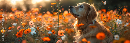 A cute retriever labrador dog enjoying a meadow full of blooming wildflowers at dusk, illuminated by the background rays of the sun