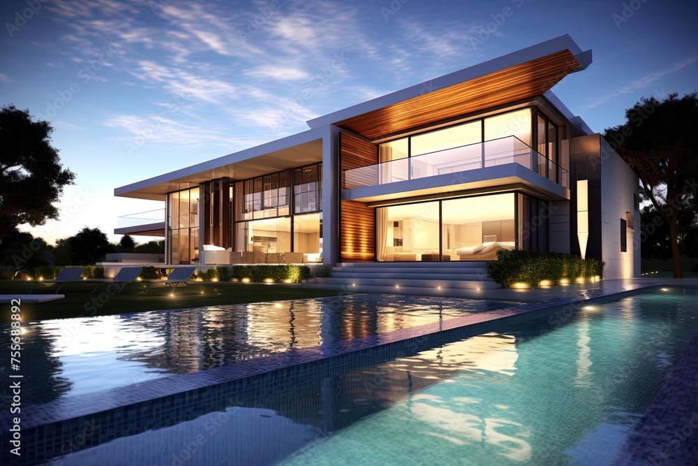 Modern House with Pool in Evening Lights