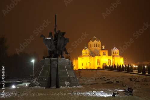  Horse Monument to Andranik Ozanian, Cathedral of St. Gregory Illuminator at night photo