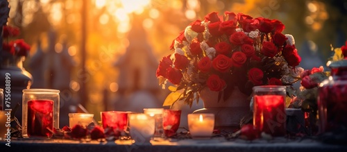 Candles in the cemetery during All Saints Day in Poland. Selective focus