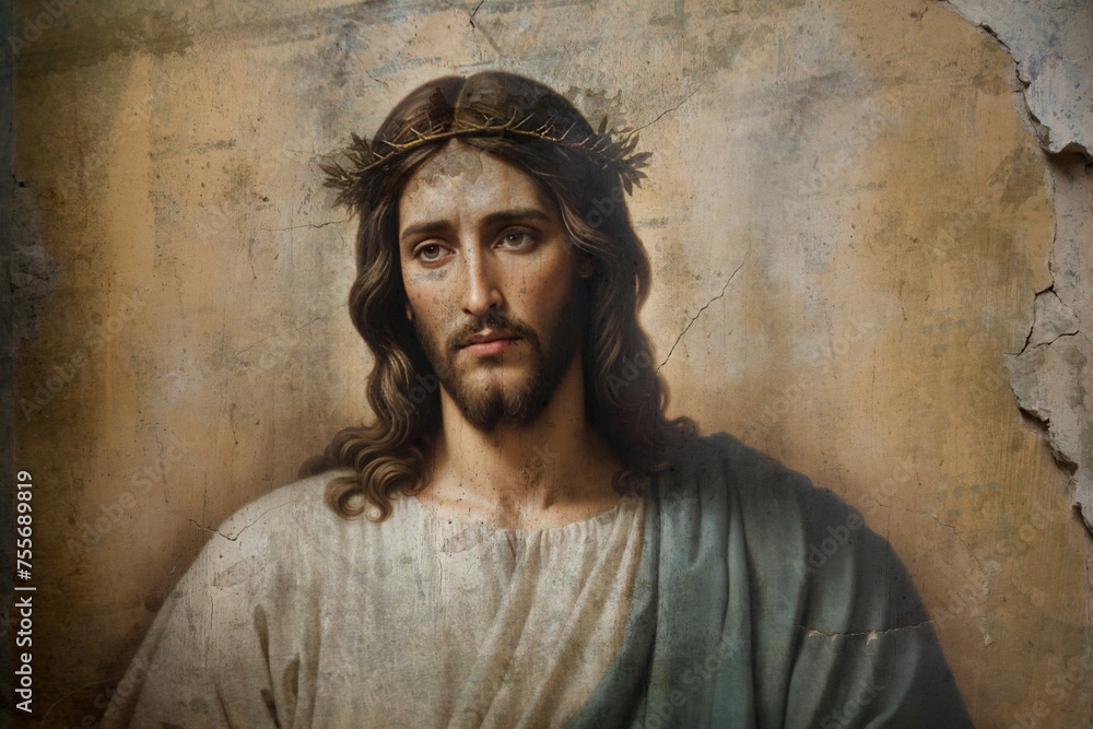 Alte Wand als Leinwand mit Jesusporträt gemalt, altes Gemälde, Rissig, Ausgewaschen, Der Putz bröckelt ab. Alte Wand als Leinwand mit Jesusporträt gemalt, altes Gemälde, Rissig, Ausgewaschen, Der Putz bröckelt ab.
