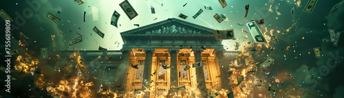 A bank building with bank notes collapsing down. Economic banking photo