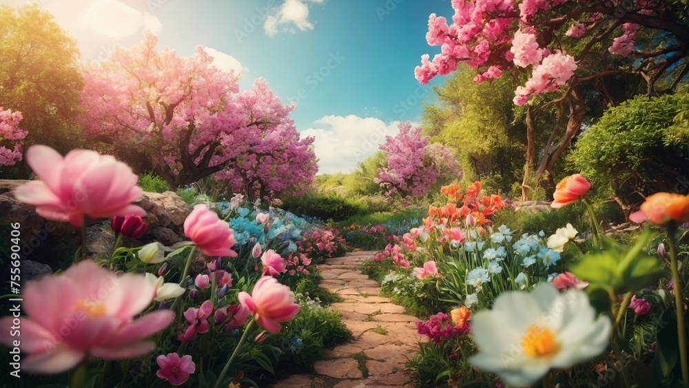 A vibrant spring background filled with blooming flowers and lush greenery, rendered in a whimsical and dreamy style. 