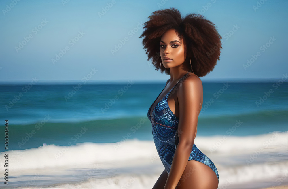 Portrait of beautiful young african american woman in bikini with black afro hair at beach looking at camera on sunny day. lifestyle, hairstyle and summer holiday concept. Banner copy space