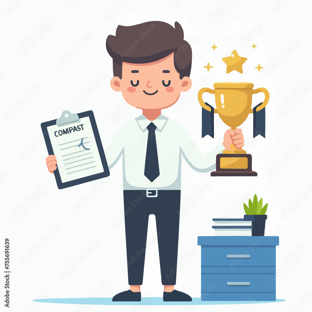 Flat design illustration of a business man completing tasks and getting an award trophy Flat design illustration of a business man completing tasks and getting an award trophy