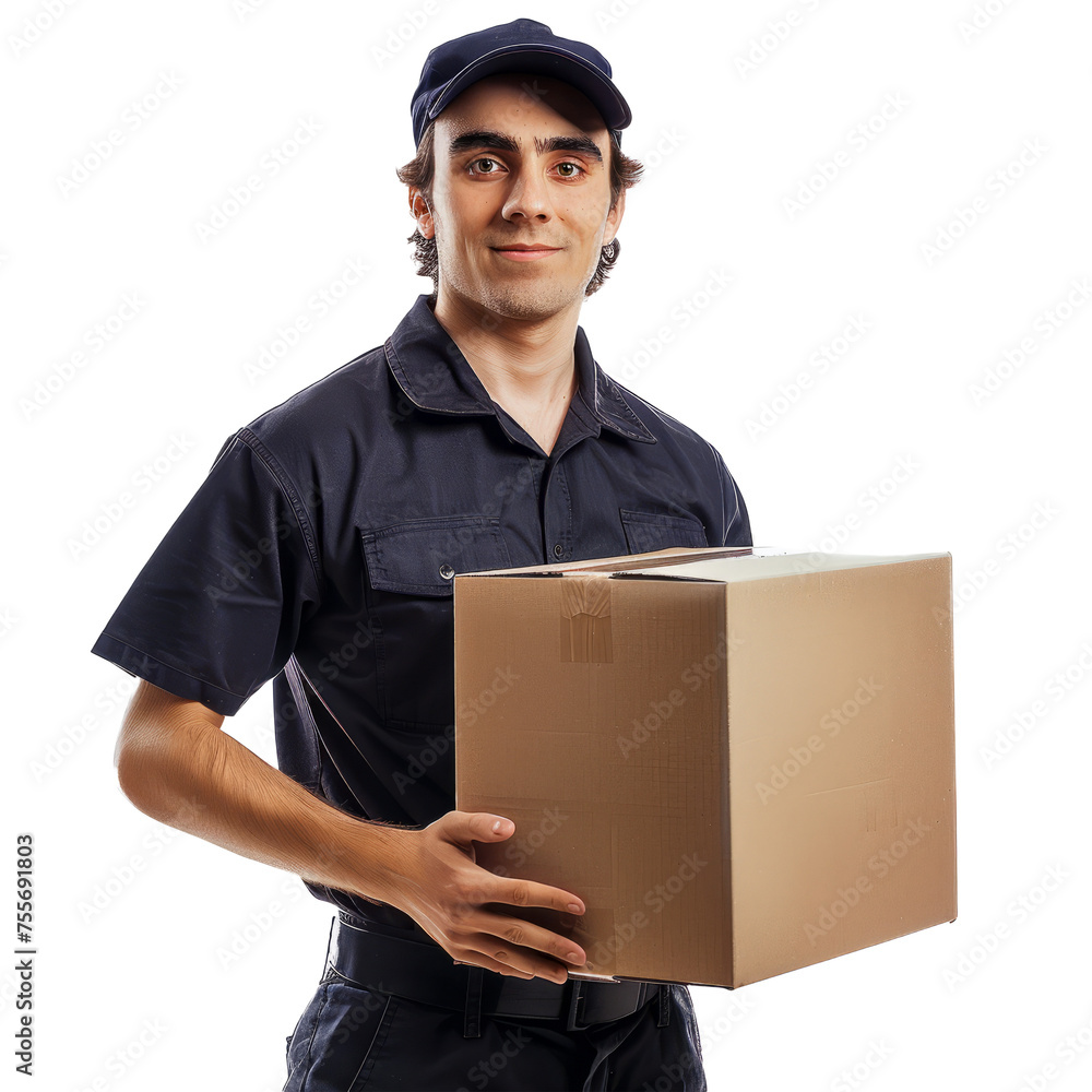 feeling of reliability and security by imagining a courier carrying a nondescript box against a clean white background. feeling of reliability and security by imagining a courier carrying a nondescript box against a clean white background.