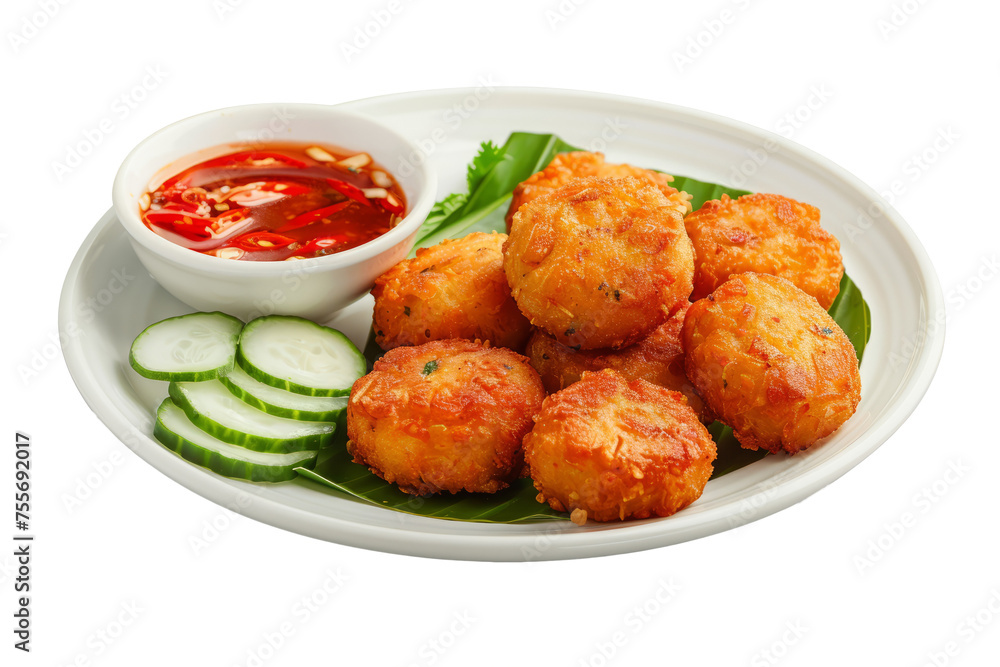 Thai style fish cake appetizer with crispy golden fish cakes served with sweet chilli sauce and cucumber sauce on a white plate. Thai style fish cake appetizer with crispy golden fish cakes served with sweet chilli sauce and cucumber sauce on a white plate.