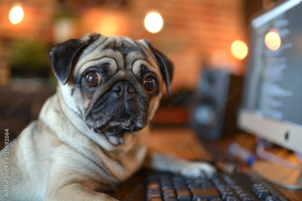 A pug dog sits at a desk in front of a computer and works. 
