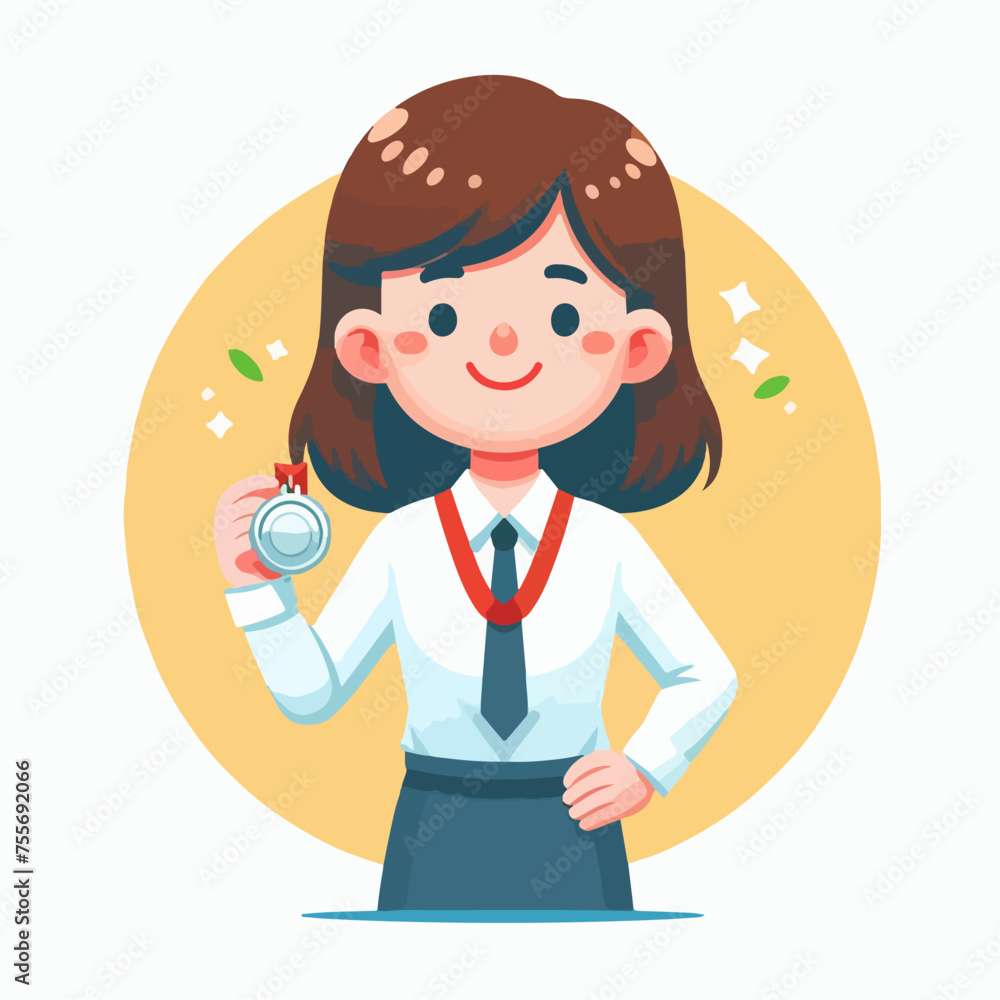 Flat design illustration of cute lady gets silver medal award Flat design illustration of cute lady gets silver medal award