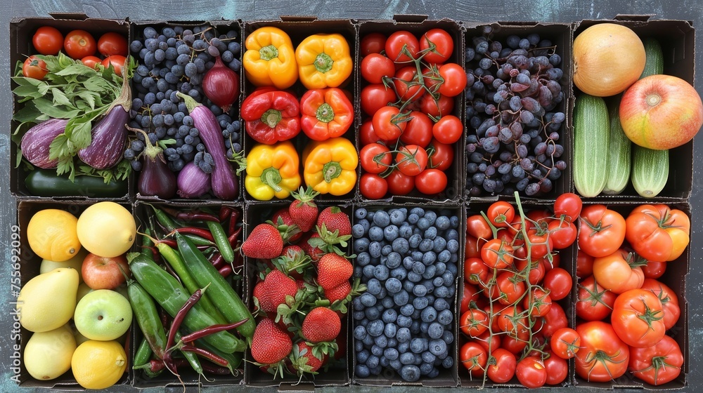 A variety of fruits and vegetables arranged in a square A variety of fruits and vegetables arranged in a square
