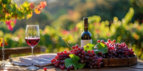 Wine bottle, wine glass and grapes on the background of the picturesque vineyard, 