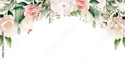 Watercolor floral border. Light pink flowers. Elegant Wedding invitation, frame, bouquet. Perfect for stationary, greeting card, fashion. Isolated cutout on transparent background.