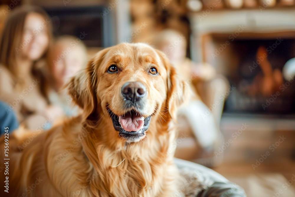 Dog companion with the family, indoor laughter and joy, cozy home vibes. Dog companion with the family, indoor laughter and joy, cozy home vibes.