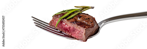 A fork holding a succulent tip of venison tenderloin, showcasing the lean and gamey meat.isolated on white background.