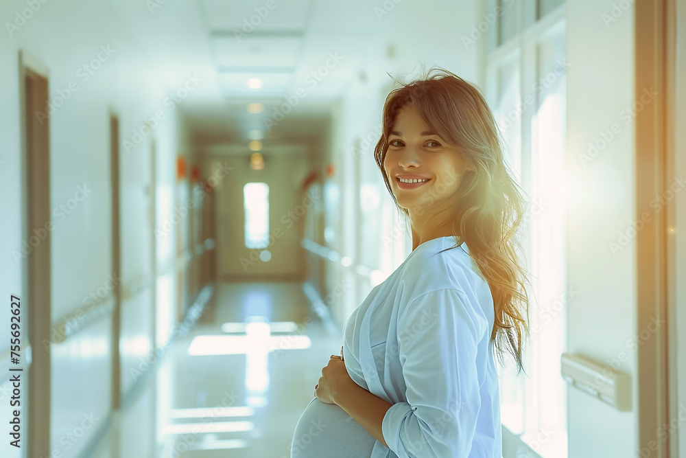 Obraz premium Expectant mother in hospital hallway, pregnancy monitoring, obstetrician's clinic.