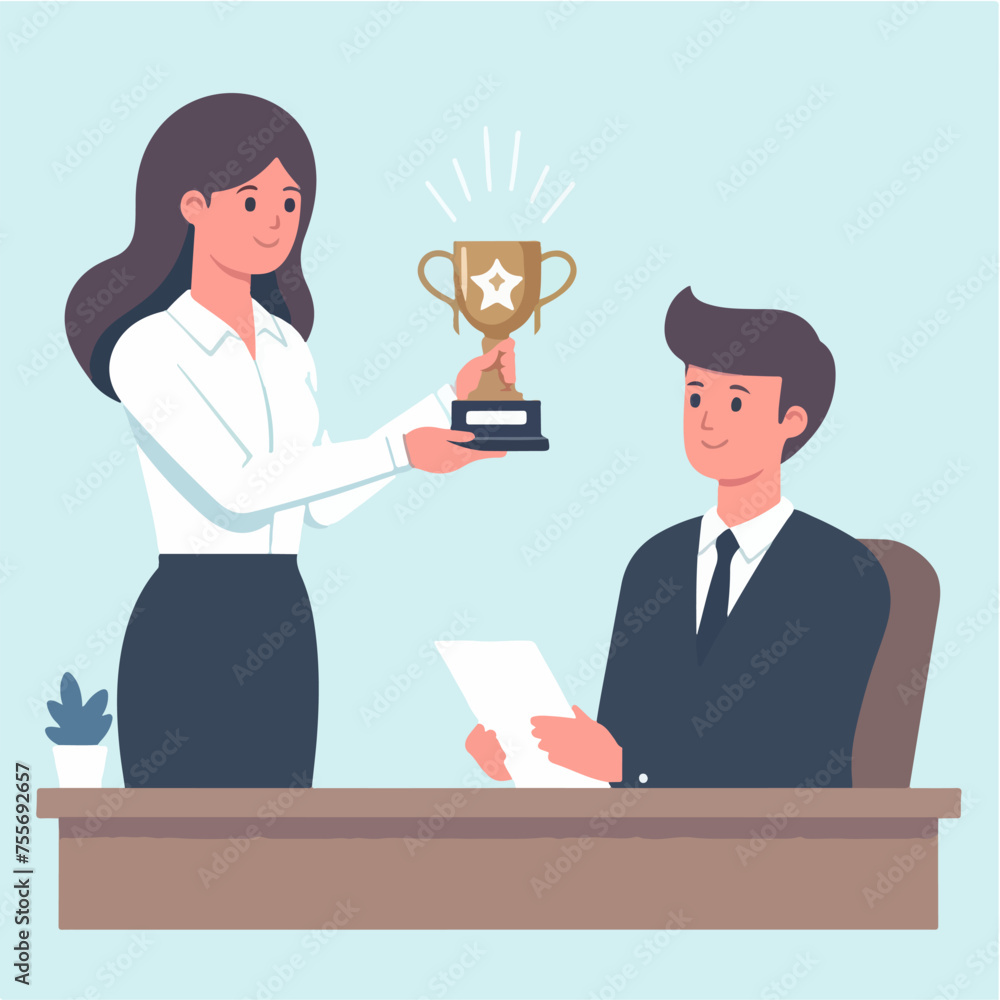 Flat design illustration of a business man getting a performance achievement appreciation trophy Flat design illustration of a business man getting a performance achievement appreciation trophy