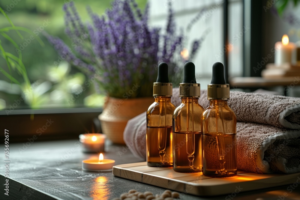 Bottles on the background of the spa room. Skin care serum or natural cosmetics with essential oil. face and body beauty concept. Spa concept. Place for text. Bottles on the background of the spa room. Skin care serum or natural cosmetics with essential oil. face and body beauty concept. Spa concept. Place for text.