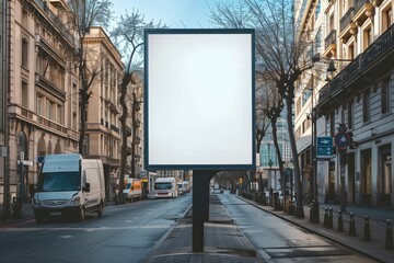 An empty huge poster mockup on the roof of a mall; white template placeholder of an advertising billboard on the rooftop of a modern building framed by trees; blank mock-up of an outdoor info banner 