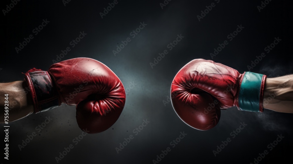 Close-up of two men's hands in red boxing gloves on a black background. Sports confrontation, Boxing, Competitions, Championship concepts.