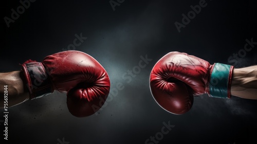 Close-up of two men's hands in red boxing gloves on a black background. Sports confrontation, Boxing, Competitions, Championship concepts. © liliyabatyrova