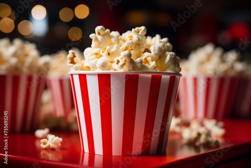 Close up image of a red and white striped popcorn cup with lots of popcorn in a movie theater with copy space