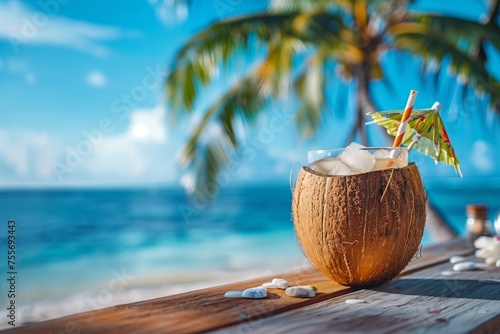 Cocktail in a coconut with straws and decor on the table, the ocean and a palm tree are in the background