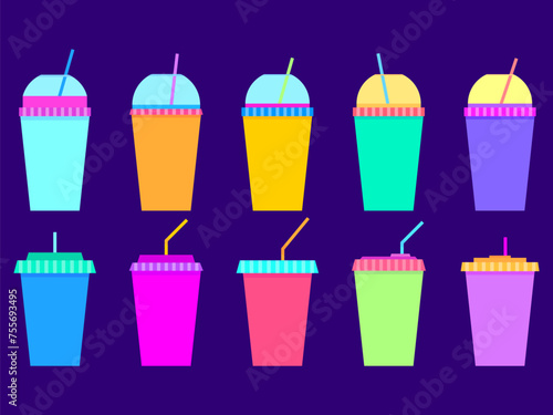 Set of icons of multi-colored plastic and paper cups with straws. Plastic cups for carbonated drinks. Smoothie glass with straw. Fizzy soft drinks. Design for banner. Vector illustration