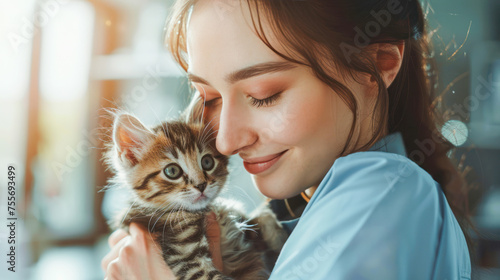 animal shelter help concept or vet clinic. Happy smiling young woman holding a little grey kitten. Copy space. Volunteer cuddle a homeless kitten. Veterinary. veterinarian hugging a cute cat photo