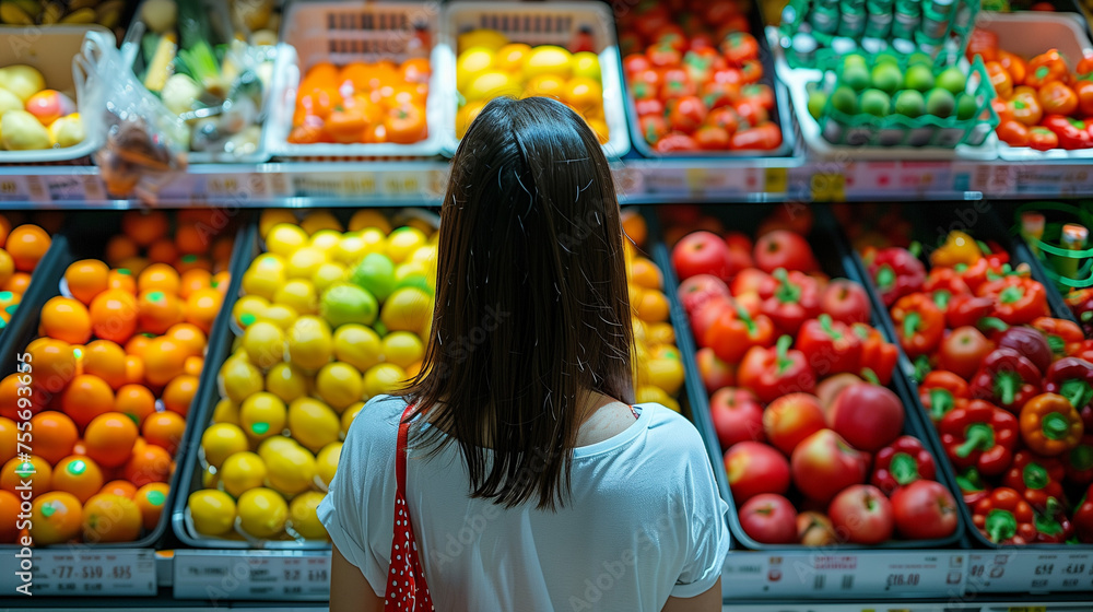 Close up rearview photography of a woman in a supermarket or grocery store looking at the shelf full of products, comparing prices and choosing what to buy, female customer behavior in a  shopping