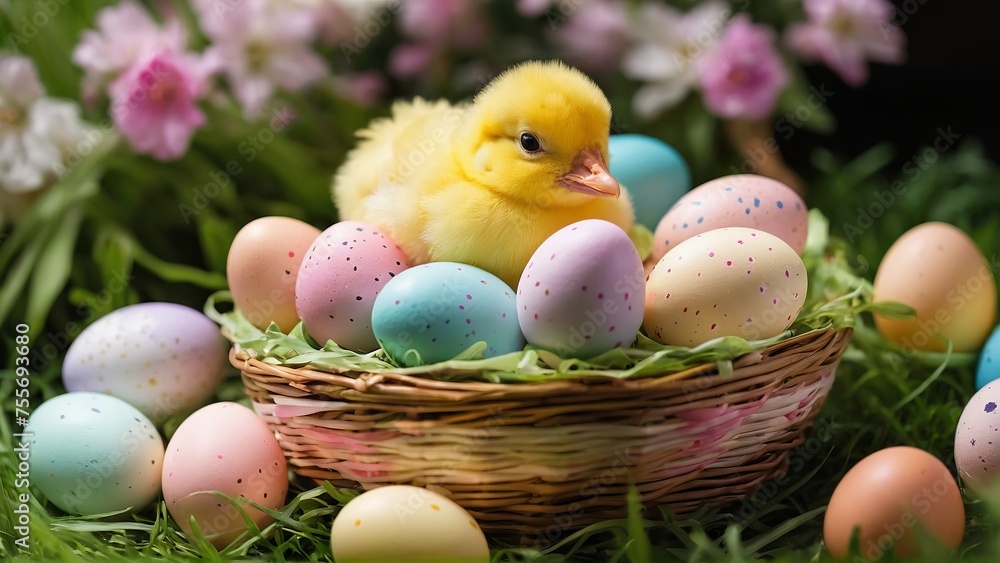 A vibrant Easter basket overflowing with pastel-colored eggs, fluffy chicks, and blooming flowers, all nestled in a bed of green grass. A vibrant Easter basket overflowing with pastel-colored eggs, fluffy chicks, and blooming flowers, all nestled in a bed of green grass.