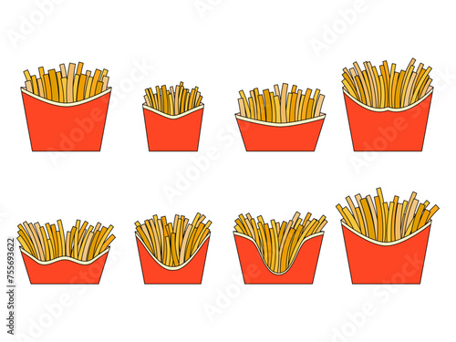 French fries icon set isolated on white background. Fast food, deep fried potatoes. Packaged fries, a delicious snack. Design for banners, posters and promotional products. Vector illustration
