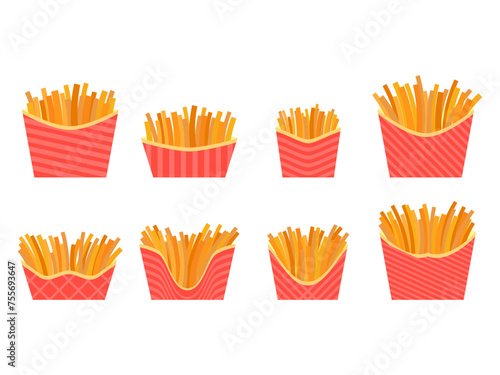 French fries icon set isolated on white background. Fast food, deep fried potatoes. Packaged fries, a delicious snack. Design for banners, posters and promotional products. Vector illustration