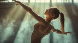 Action movement photo, a female gymnastics graceful gymnast, natural sunlight pouring in