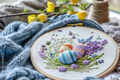 Happy Easter, embroidery with colored eggs. Generative AI