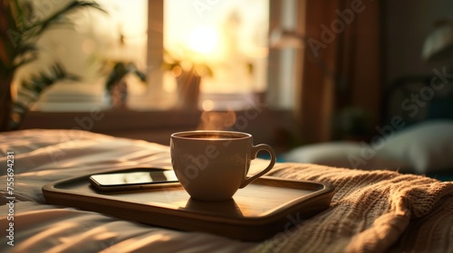 Cup of coffe or tea with phone on the home bedroom wood table in sunset time with soft light